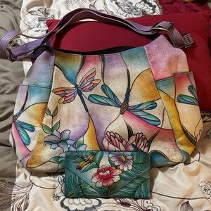 Anuschka Multicolor Dragonfly and Floral Shoulder Bag